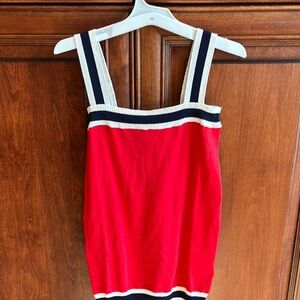 Red Sleeveless Top with Navy and White Stripes